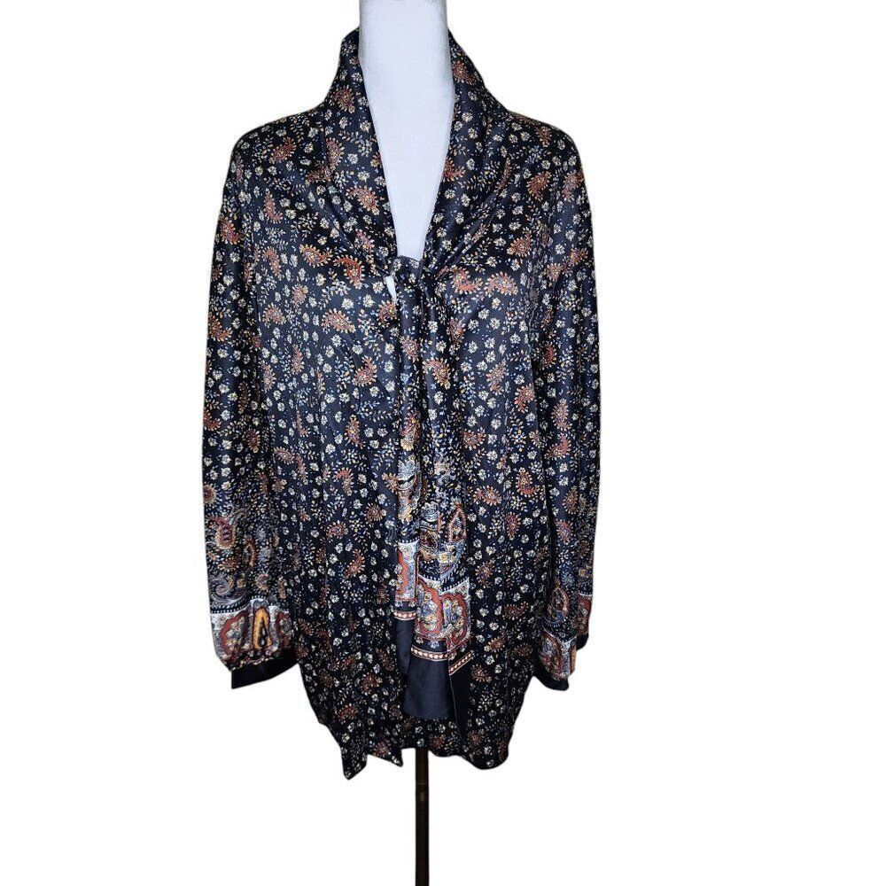 Vintage 1970s Bow Long Sleeve Paisley Blouse Womens Size 1X Black Secretary